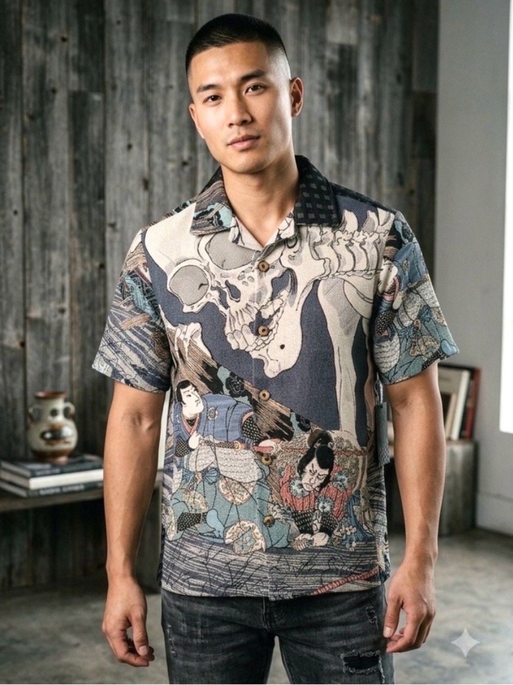 Rebel Vengeance Tapestry Skull Samurai Shirt